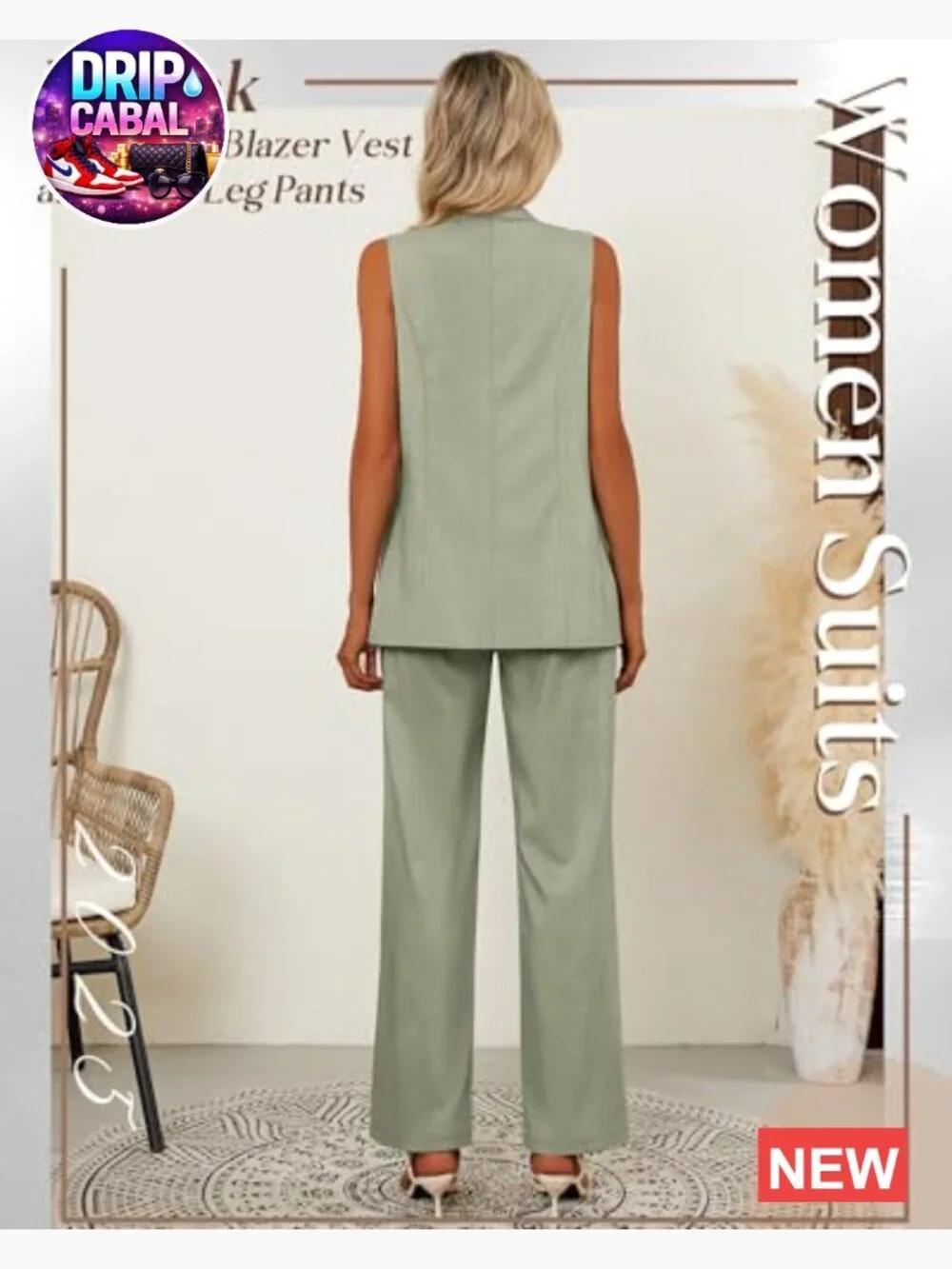 Women's 2 Piece Suit Set Blazer Vest Wide Leg Pants Matching Outfit